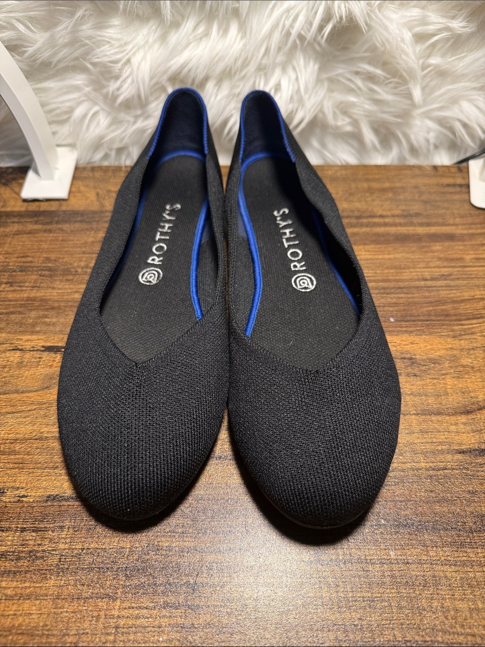 Rothy's Black Knit Ballet Flats with Blue Trim